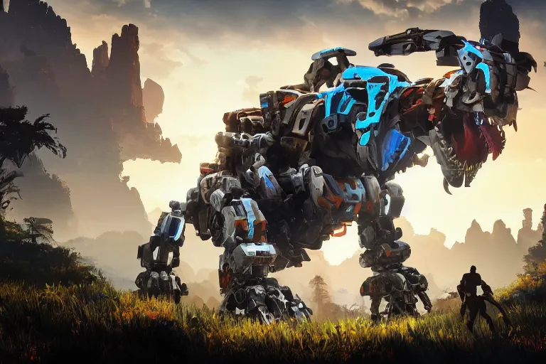 Image similar to scrapper machine mecha animal beast robot of horizon forbidden west horizon zero dawn bioluminiscence global illumination ray tracing hdr fanart arstation by sung choi and eric pfeiffer and gabriel garza and casper konefal