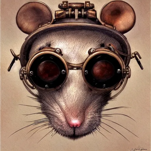 Prompt: a rat with steampunk googles, by john howe