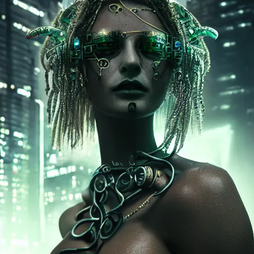 Image similar to Cyberpunk medusa, dark atmosphere, cinematic shot, glamour, intricate, ornate, photorealistic, ultra detailed, realistic, 35mm, photography, neon, octane, high definition, depth of field, bokeh, 8k, artstation