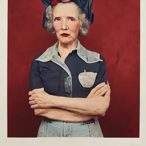 Image similar to a photograph portrait of Rosie the riveter by Annie Leipovitz