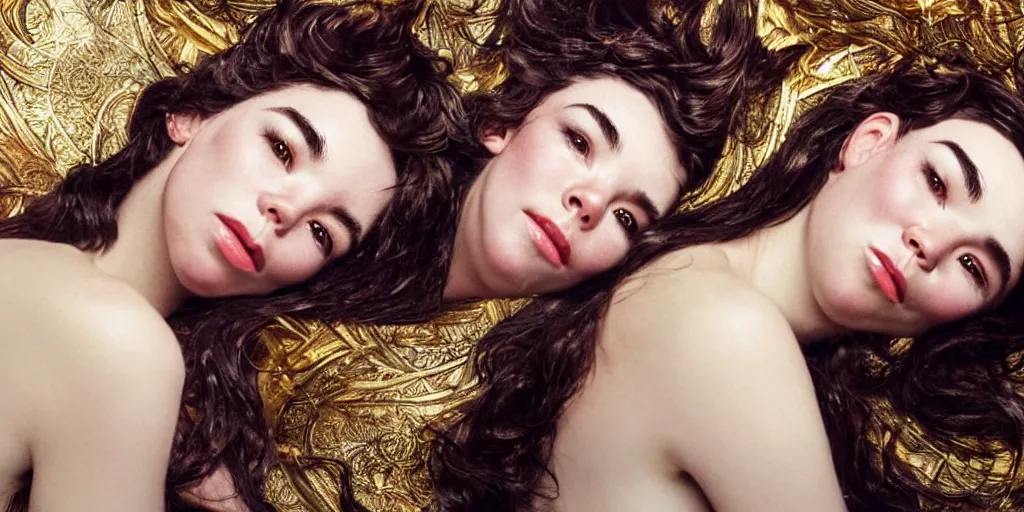 Image similar to stunning photo of dark - haired goddesses vanessa kirby, hailee steinfeld, and bjork smiling, laying back on pillows, with wet faces, wet lips, perfect eyes, insanely detailed, elegant, by mucha, wlop, rutkowski, livia prima