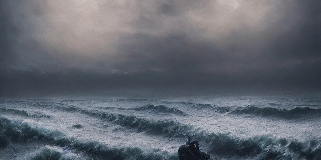 Image similar to cthulhu rising out of the ocean, hyper realistic oil painting, dark, moody cinematic lighting, creepy, fog, storm clouds, by greg rutkowski, trending on artstation