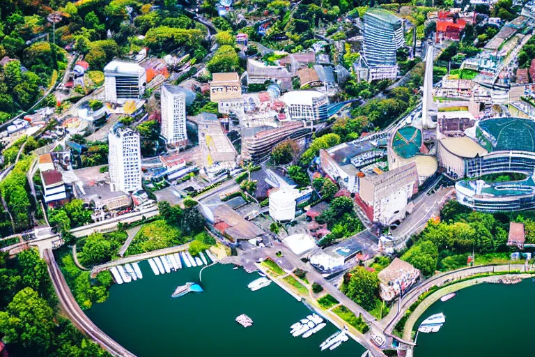 Image similar to bird's eye view photography of a small city. town hall, central farm, monorail station, beach and harbor. hills, woods and lake to the north.