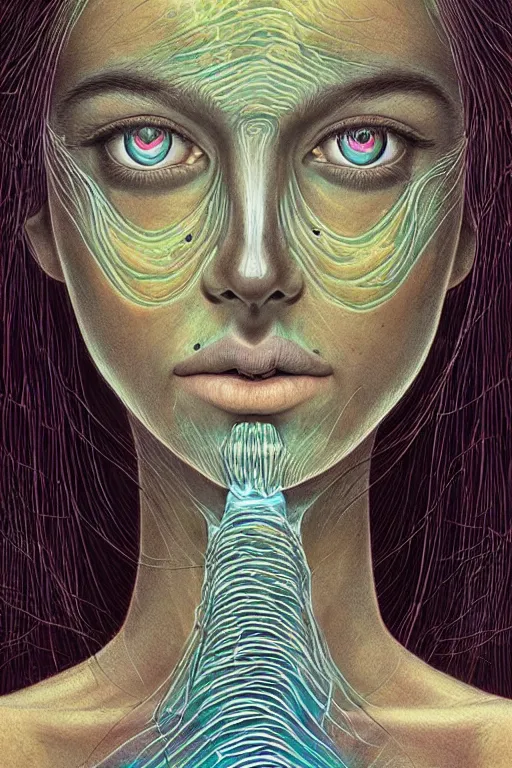 Image similar to dark underwater portrait of one Bioluminescent ancient woman, with reaction diffusion semi-transparent skin. face closeup. long intricate dark hair. good face proportions. with many jellyfishes. very high detail, illustration, by alex grey and Ilya Kuvshinov