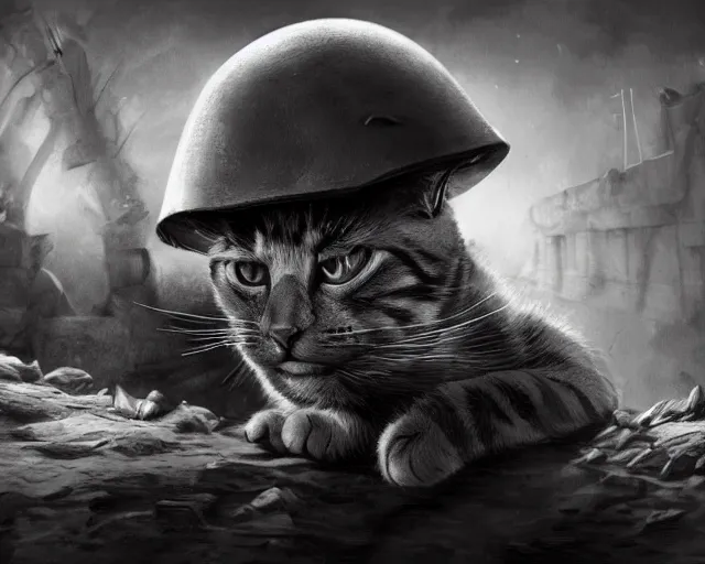 Prompt: A cat as a soldier in a world war 1 trench, close-up, black and white, amazing digital art, hyper detailed, artstation, in the style of Tony Sart