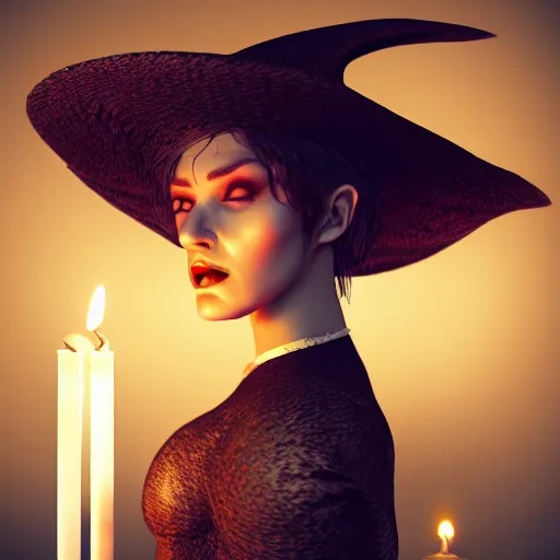 Prompt: portrait of angry witch, candles, beautiful, jaw dropping, 4 k, sharp focus, intricate and ornate, octane render