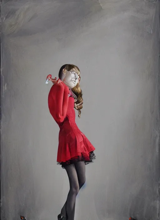 Image similar to portrait of annasophia robb standing on her knees, frozen cold stare, mouth open in shock and bliss, blood red background, transparent gray skirts, stockings, crows swarming trapped in the void as a symbol of death, in style of surrealism of Francis Bacon painting, Ilya Kuvshinov, John Singer Sargant, impasto textures of Chaim Soutine and Frank Auerbach, American Gothic, Japanese Gothic,