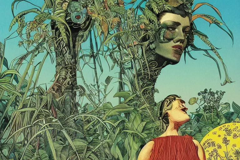 Prompt: gigantic woman head, a lot of exotic vegetation around, trees, flowers, risograph!, oldschool vintage sci - fi flat surreal design, super - detailed, fullshot, painting by moebius and luigi serafini