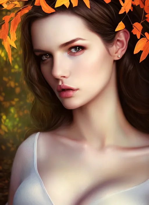 Prompt: a beautiful female photo, professionally retouched, soft lighting, standing in a forest with chest covered with leaves, realistic, smooth face, perfect eyes, wide angle, sharp focus on eyes, 8 k high definition, insanely detailed, intricate, elegant, art by artgerm and wlop