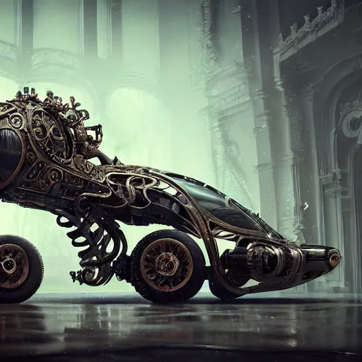 Image similar to cyborg vintage supercar slick : by michal karcz, daniel merriam, victo ngai and guillermo del toro : ornate, dynamic, particulate, intricate, elegant, highly detailed, centered, artstation, smooth, sharp focus, octane render