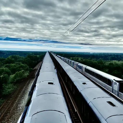 Image similar to train on sky flying through rails made out of clouds