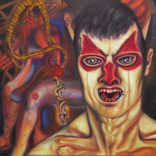 Image similar to portre of an autistic demon on acid, masonic and kabalistic symbols in background, oil painting