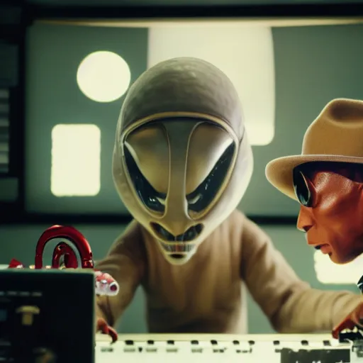 Image similar to cinematic film still of Pharrell Williams Making A Beat with an anthropomorphic alien, Japanese VFX, 2018, 400mm lens, f1.8, shallow depth of field,film photography