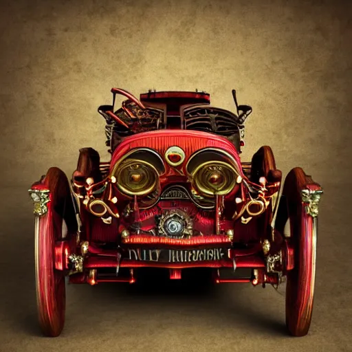 Prompt: highly detailed victorian steampunk red convertible driven by Johnny depp as hunter s Thompson fear and loathing, ornate, intricate design, hyperrealistic, 8k resolution, 3d render by billelis