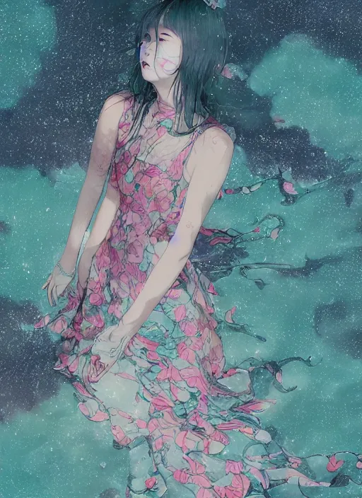 Image similar to lee jin - eun in luxurious flowery dress emerging from pink and turquoise water in salar de uyuni with the ground reflecting the aurora borealis by takato yamamoto, james jean, conrad roset, ruan jia, martine johanna, rule of thirds, elegant look, beautiful, chic, face anatomy, cute complexion