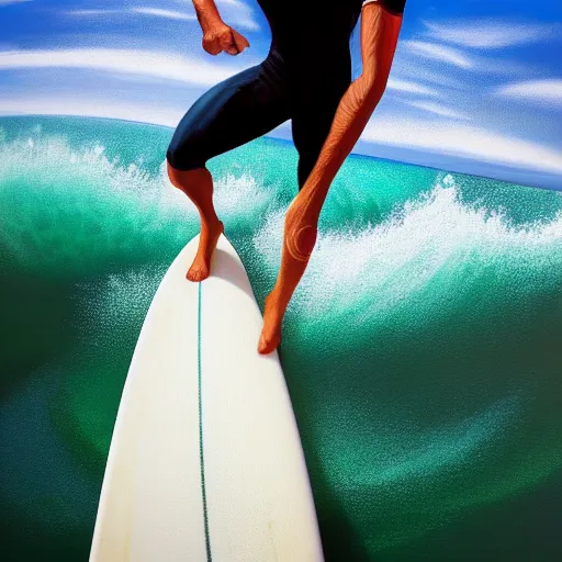 Prompt: a man riding a wave on top of a surfboard, a photorealistic painting by jerry weiss, shutterstock contest winner, naturalism, chillwave, fisheye lens, behance hd