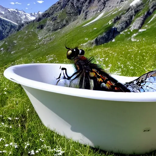 Prompt: dragonfly in a bathtub in the alps, goats!!! in background