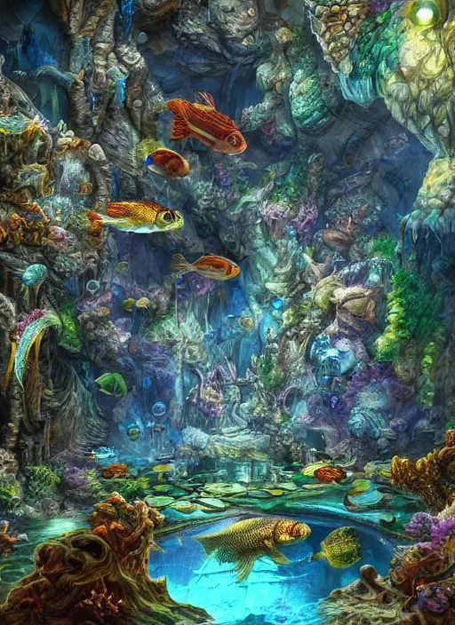 Prompt: people observing lots of beautiful fish in an underground aquarium corridor, in the style of james mccarthy, fantasy art, ray tracing, water droplets, highly detailed, artstation trend, highly detailed and intricate, sharp focus, photography, unreal engine 5