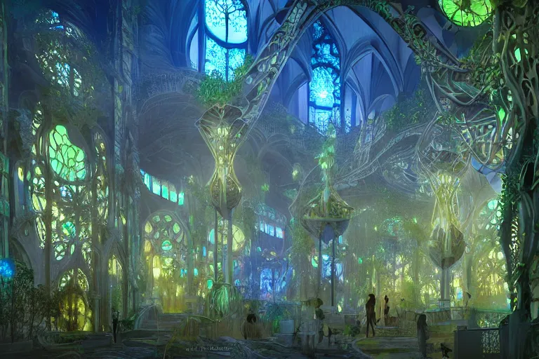 Image similar to futuristic foliage overgrowing detailed favela bioluminescence fungus hive, art nouveau environment, cathedral, award winning art, epic dreamlike fantasy landscape, ultra realistic,