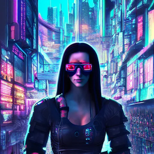 Image similar to Cyberpunk monalisa, cyberpunk in a cyberpunk city, 8k, trending on artstation, professionally detailed