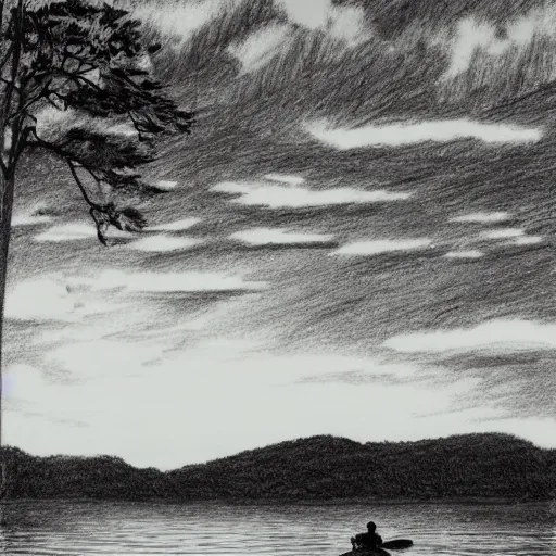 Prompt: The outline of the State of Arkansas, within the borders of the state a pencil drawing of a person in a kayak on a lake with trees and hills in the background, the sun and clouds in the sky.