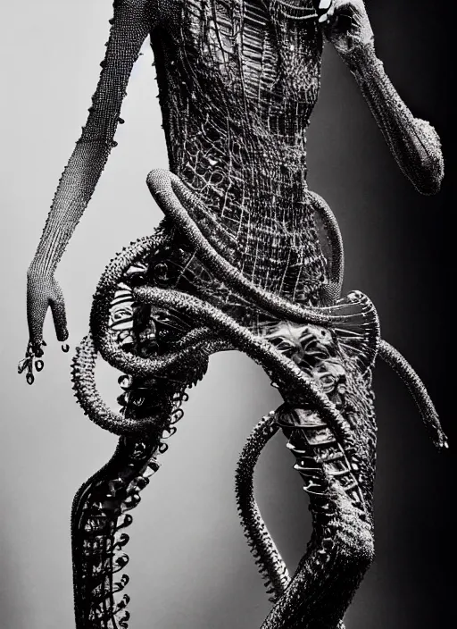 Image similar to walking down the catwalk, steven klein, show, stage, vogue photo, podium, fashion show photo, historical baroque dress, iris van herpen, beautiful woman, full body shot, masterpiece, intricate, wires, veins, jellyfishs, biopunk, guyver, highly detailed