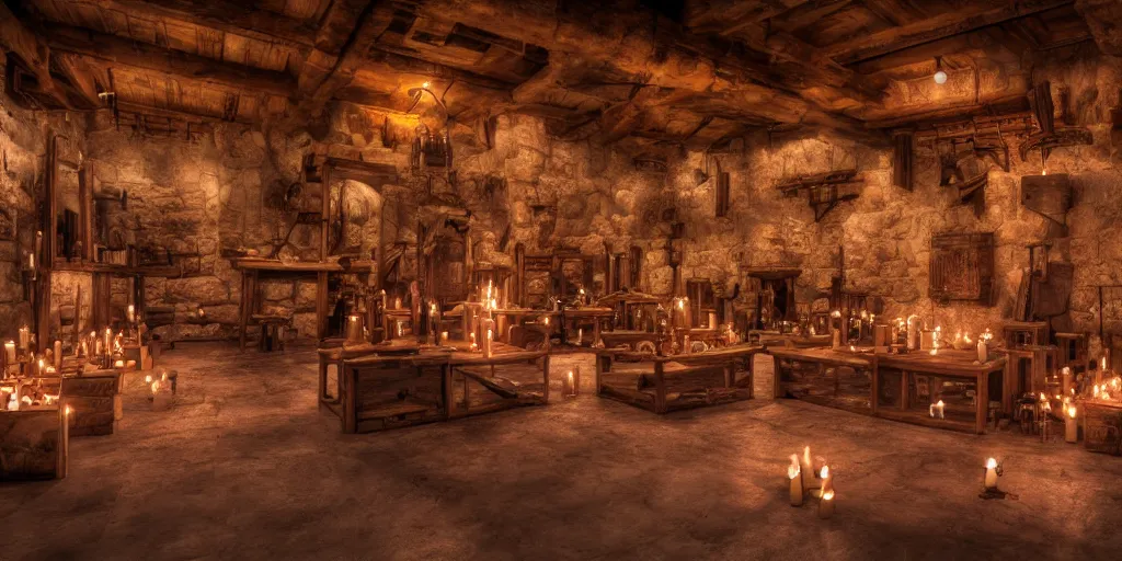 Image similar to Hyper realistic photo of a medieval armory, lit candles, 4k