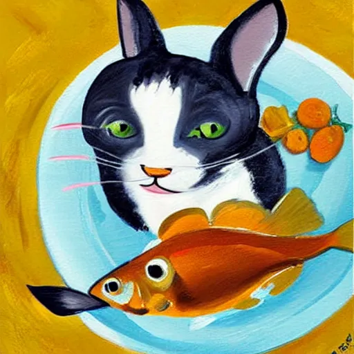 Image similar to cute painting of a cat trying to steal a fish from a plate on a dinner table