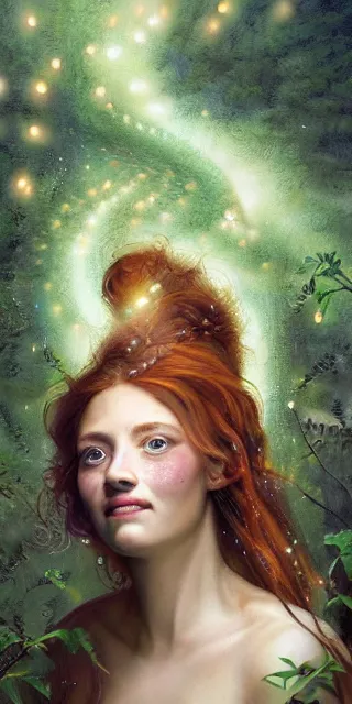 Image similar to young woman, smiling amazed, surrounded by firefly lights, full covering intricate detailed dress, amidst nature, long red hair, precise linework, accurate green eyes, small nose with freckles, smooth oval shape face, empathic, expressive emotions, dramatic lights, hyper realistic ultrafine art by artemisia gentileschi, jessica rossier, boris vallejo