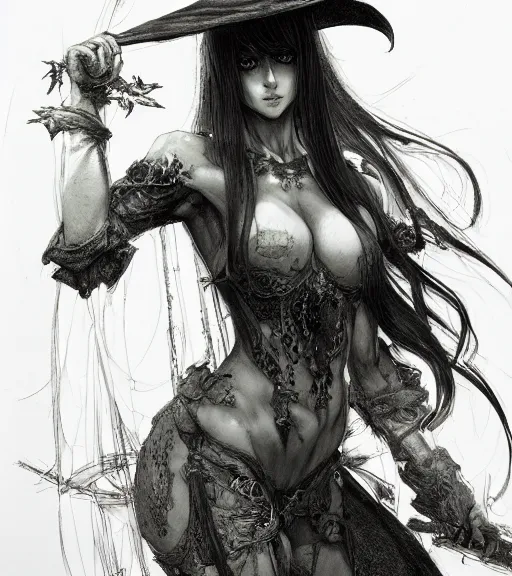Prompt: portrait of anime succubus with long hair wearing a witch hat, perfect fit and strong body, berserk, pen and ink, intricate line drawings, by craig mullins, ruan jia, kentaro miura, greg rutkowski, loundraw, yoshitaka amano