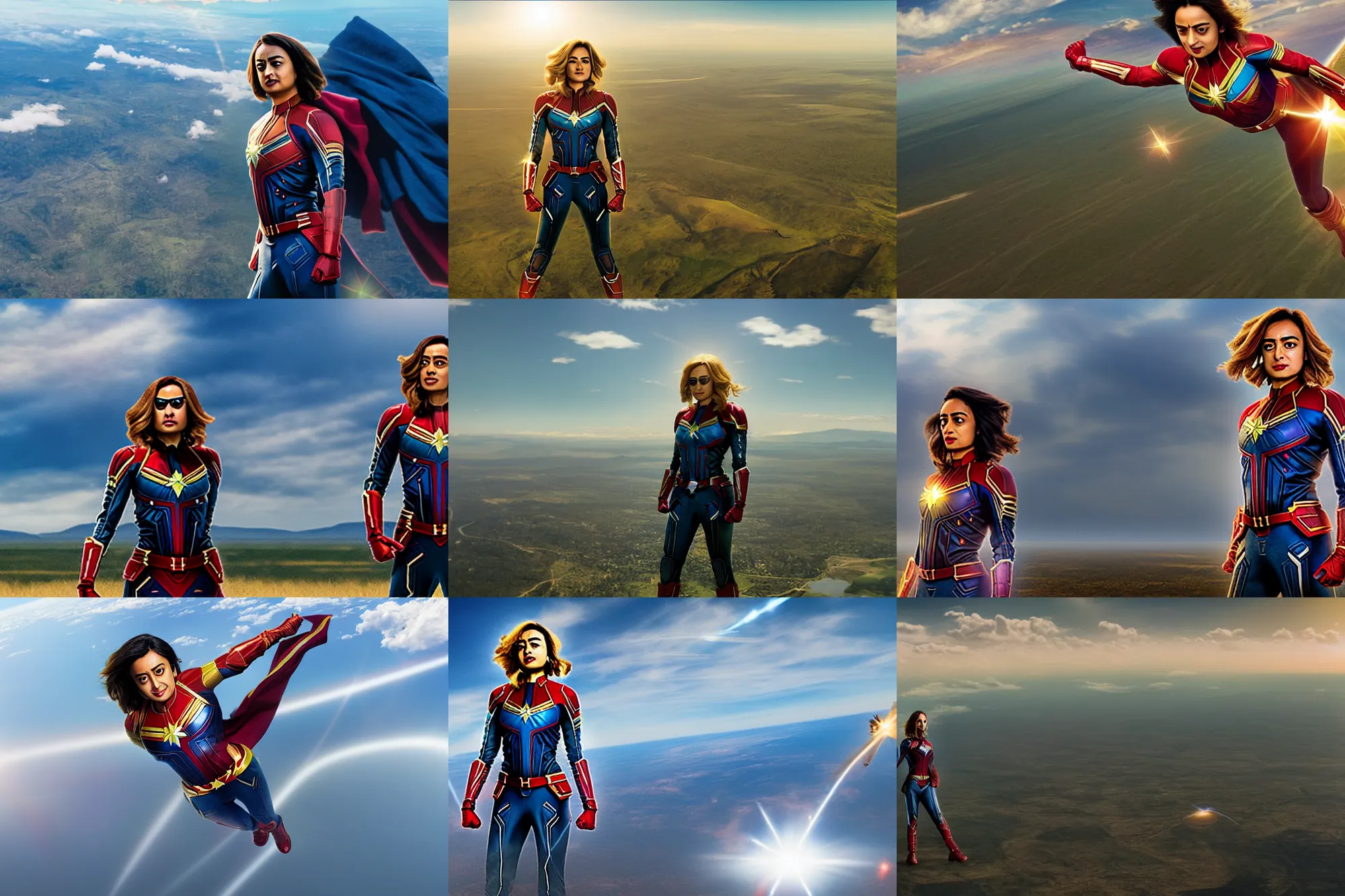 Prompt: radhika apte as captain marvel, hd aerial photography, high altitude, clouds and fields in background, lens flare