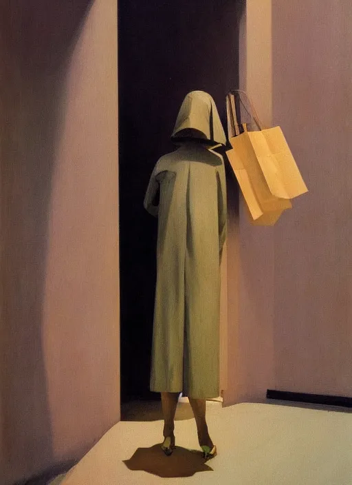 Image similar to woman wearing paper bags for clothes standing inside paper bags at store display Edward Hopper and James Gilleard, Zdzislaw Beksinski, highly detailed