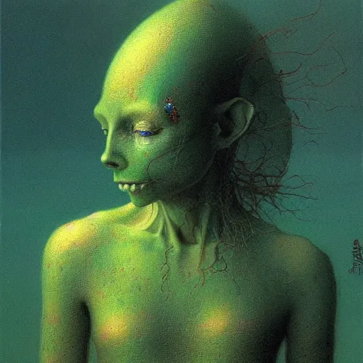 Image similar to portrait of ethereal goblin princess in golden armour by Beksinski