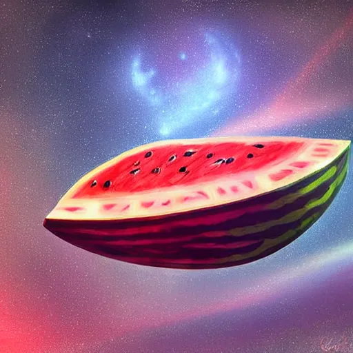 Prompt: Very highly detailed sci-fi Watermelon space ship. Realistic Concept digital art, epic dimensional light