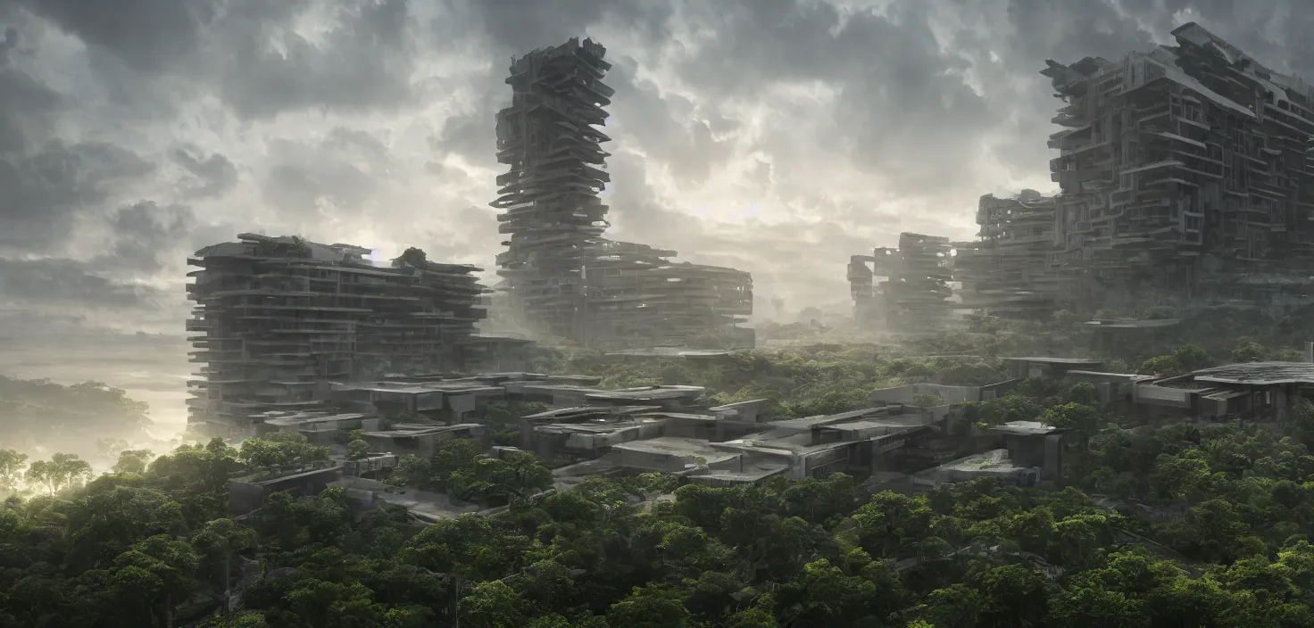 Image similar to brutalist architecture, surrounded by lush green vegetation, stunning volumetric lighting, sunset, metal, concrete, translucent material, stunning skies, 8k, photorealistic, hyper detailed, unreal engine 5, IMAX quality, cinematic, epic lighting, digital painting in the style of DOOM, by Greg Rutkowski, trending on Artstation