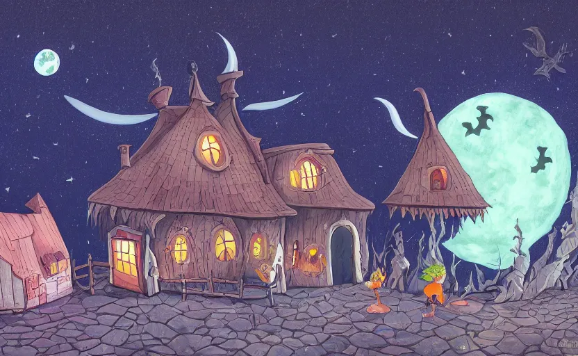 Prompt: a witch's shop against a giant moon, storybook, gouache, flat, concept art, lush