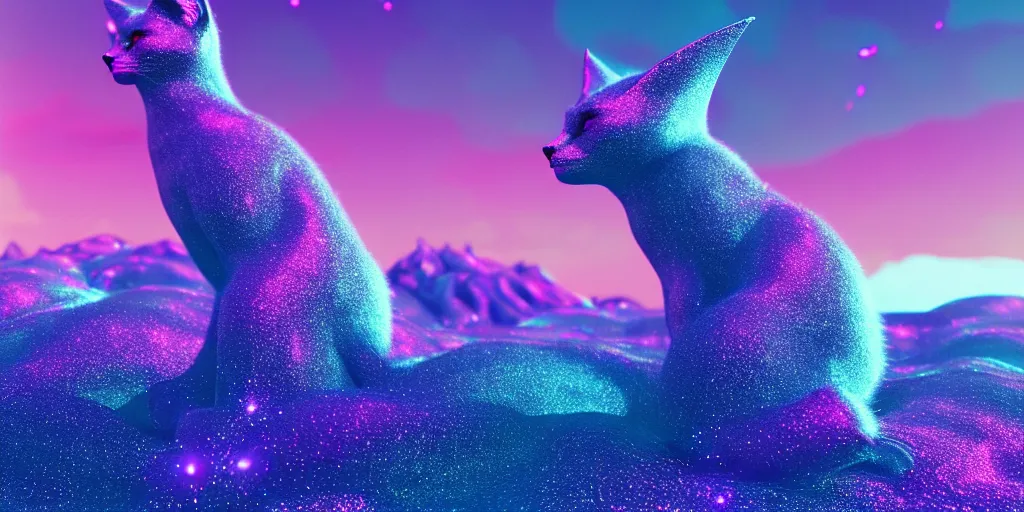 Prompt: 8 kuhd cinema 4 d, octane render, shiny furry cats, large membranes between their paws, body like a bat, sailing over a fractal, a julia spiral, covered with glittering jewels, landscape photography, drone view, cinematic, ultra realistic, blue sky, pastel coloured sunrise