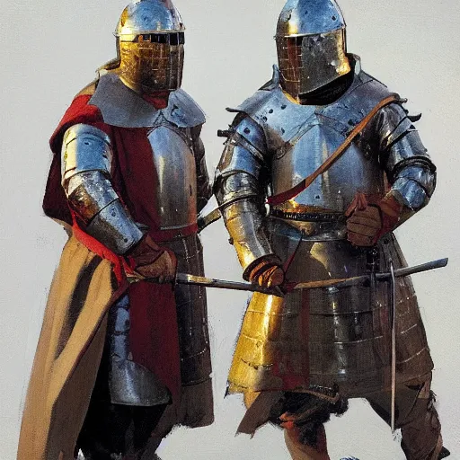 Image similar to portrait of two men wearing gambeson and medieval helmets, raised swords, fighting, detailed by greg manchess, craig mullins, bernie fuchs, walter everett