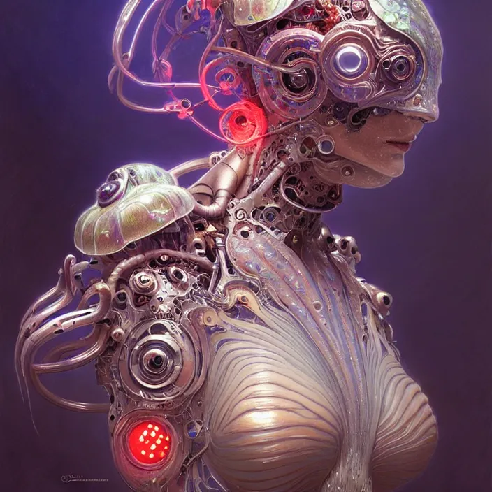 Prompt: organic cyborg, neon cuttle fish, diffuse lighting, fantasy, intricate, elegant, highly detailed, lifelike, photorealistic, digital painting, artstation, illustration, concept art, smooth, sharp focus, art by john collier and albert aublet and krenz cushart and artem demura and alphonse mucha