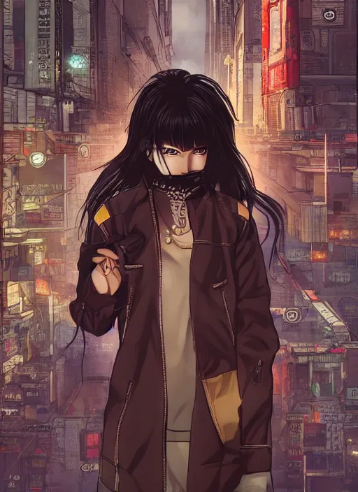 Prompt: manga cover, black-haired short-haired indian teenager wearing a brown jacket, middle-parted hair, intricate cyberpunk city, emotional lighting, character illustration by tatsuki fujimoto