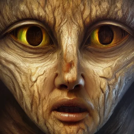 Prompt: a talking tree, a face in the bark, big eyes, fantasy concept art, oil painting, hyperrealistic, highly detailed, artstation, cgsociety