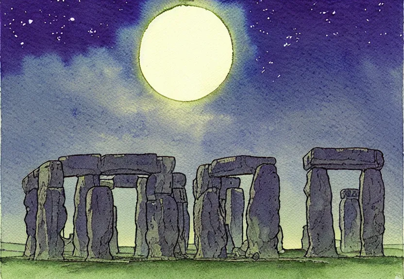 Image similar to a simple watercolor fantasy concept art of a giant dark grey cube floating in the air above stonehenge at night. by studio ghibli, rebecca guay, michael kaluta, charles vess