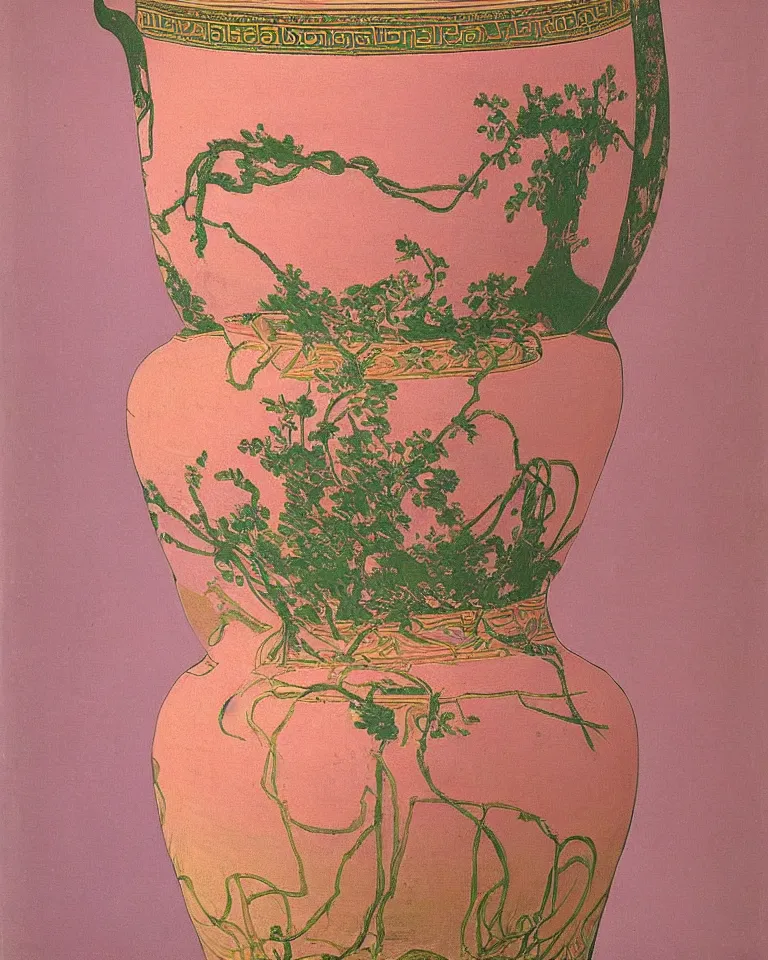 Image similar to achingly beautiful print of intricately painted ancient greek krater on a pink background by rene magritte, monet, and turner.