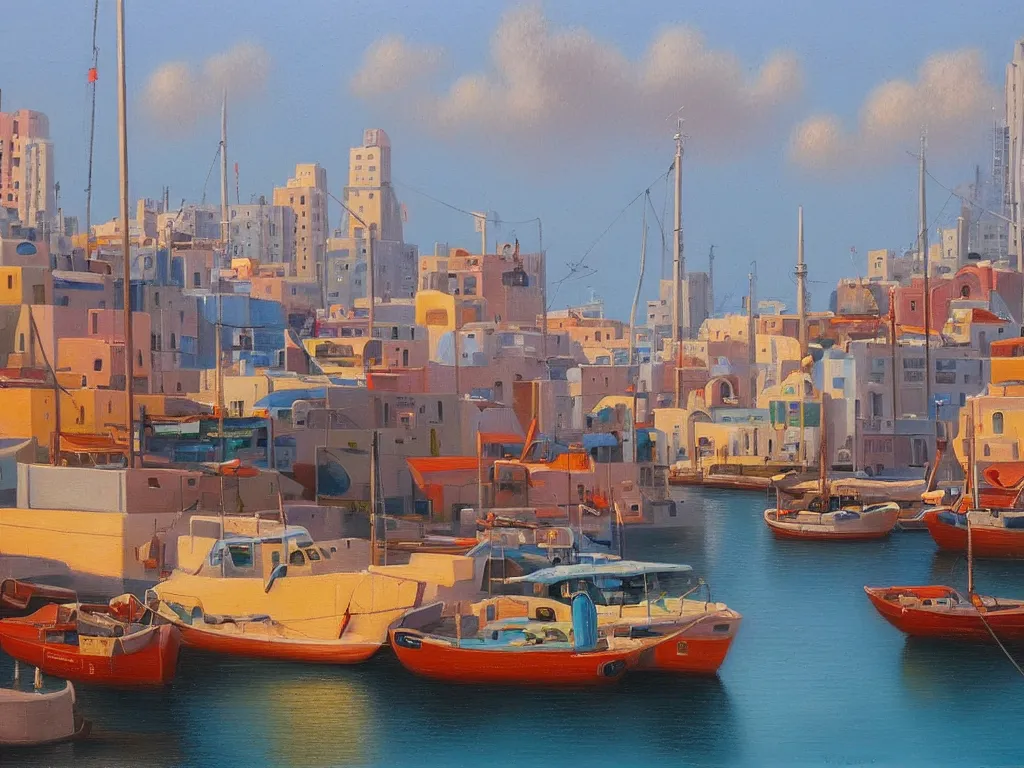 Image similar to A detailed oil painting of the beautiful port of Tel Aviv, harbour, boats, in the style of Michiel Schrijver, isometric, pastel colors