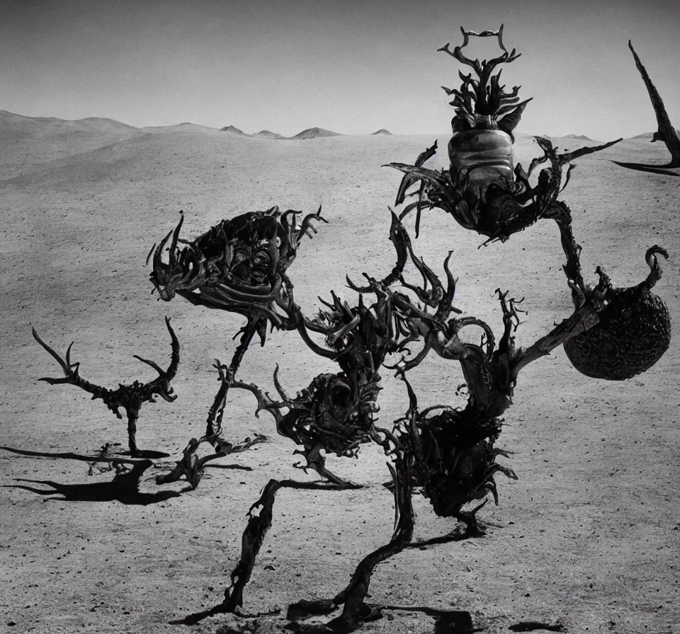 Prompt: salvador dali wearing a horned golden jewels crown in a dry sand desert landscape, alien spaceship by giger in the sky, film still from the movie by alejandro jodorowsky with cinematogrophy of christopher doyle and art direction by hans giger, anamorphic lens, kodakchrome, very detailed photo, 8 k