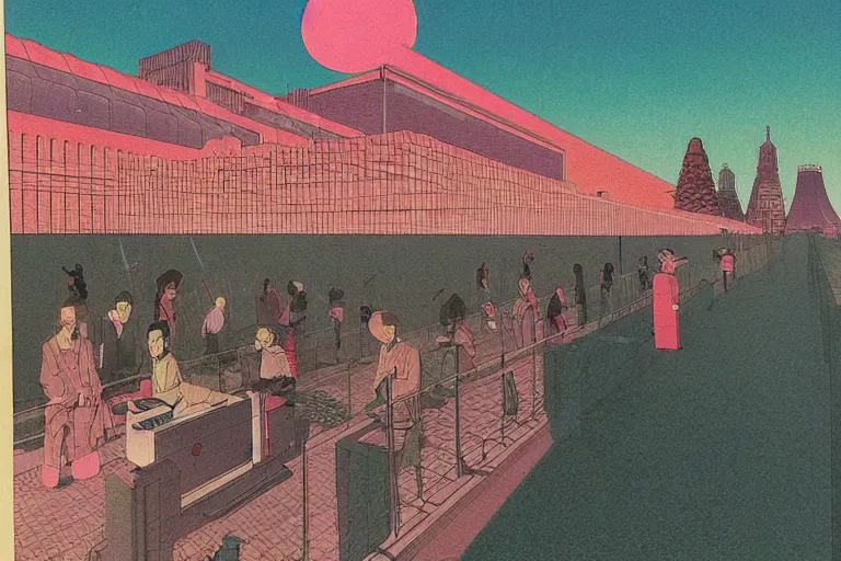 Prompt: gigantic faces that shoot pink lasers from the eyes, a lot of glass around, birds are all over the ground, acid and dreaming psychedelic hallucinations, by kawase hasui, edward hopper, satoshi kon and moebius, colorful flat surreal design, super - detailed, a lot of tiny details, fullshot