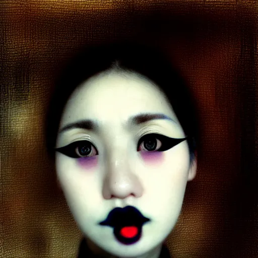 Image similar to yoshitaka amano blurred and dreamy realistic three quarter angle portrait of a beautiful young woman with black lipstick and black eyes wearing dress suit with tie, junji ito abstract patterns in the background, satoshi kon anime, noisy film grain effect, highly detailed, renaissance oil painting, weird portrait angle, blurred lost edges