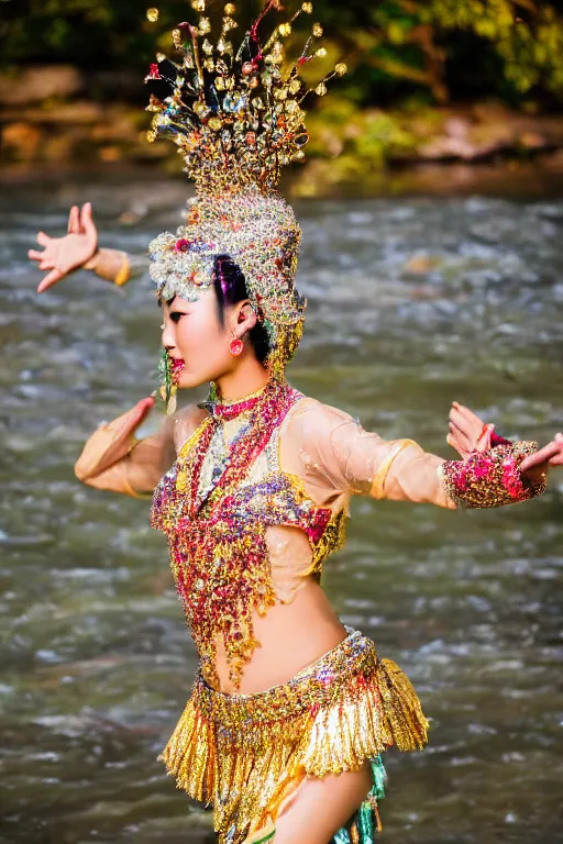 Prompt: photo of a beautiful asian woman fully dressed in clothes made out of jewels while dancing in the middle of a river, low light, , golden hour, highly detailed, 8k