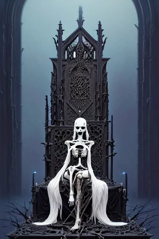 Image similar to an illustration of the blind bone goddess on her throne of bones, full figure, intricate, gothic, highly detailed, digital painting, trending on artstation, smooth, sharp focus, illustration, art by greg rutkowski, loish, rhads, makoto shinkai and lois van baarle, ilya kuvshinov, rossdraws