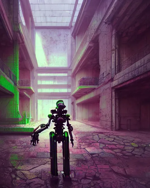 Image similar to hyperrealistic 3d render highly detailed exoskeleton baroque mecha iridescent pink brutalist city ruins background concept art octane santiago caruso de chirico sharp very dramatic green light 8k low angle shallow depth of field